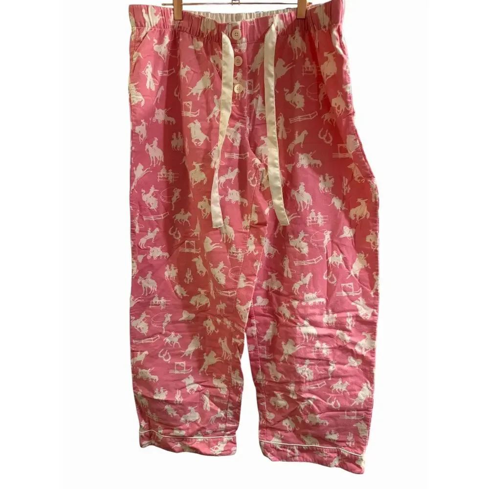 Nick and Nora Pink With Ivory Rodeo Round Up 100% Cotton Flannel Pajama Set 2X - Picture 7 of 12